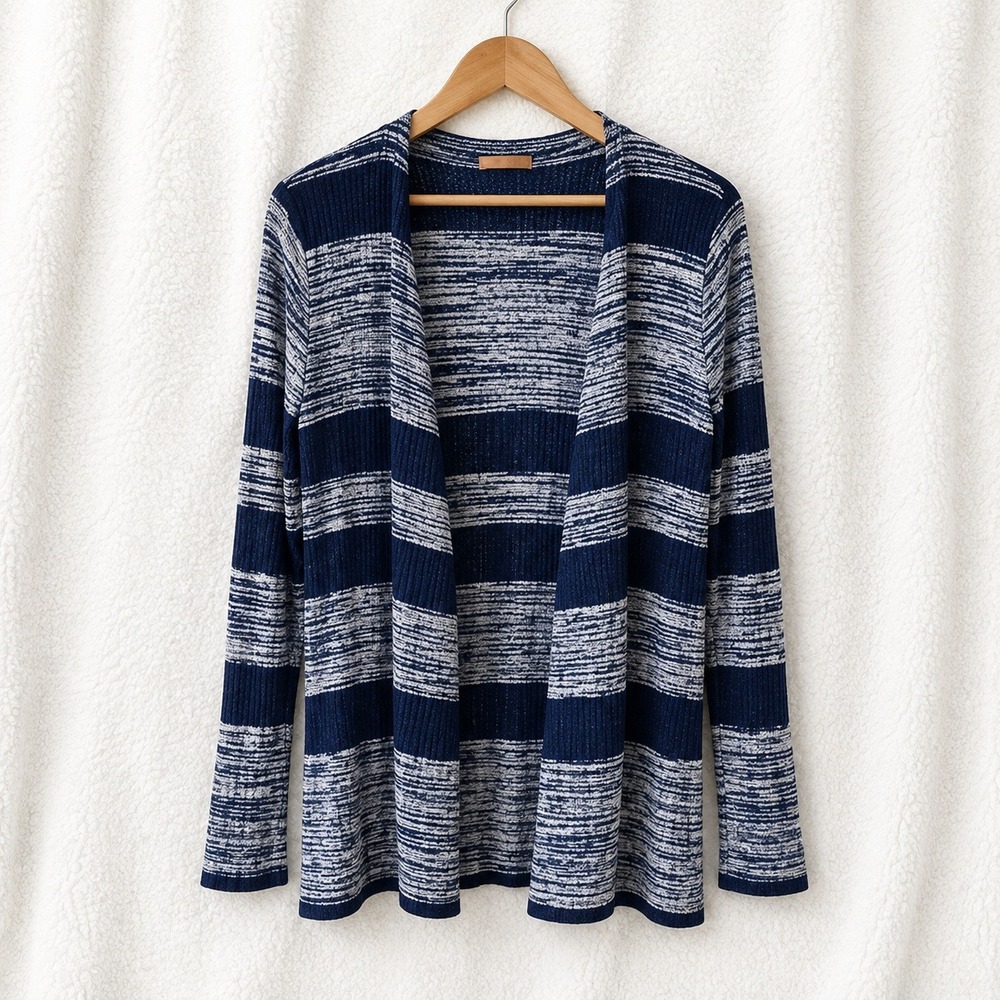 Belldini Large Striped Open Crochetโ Cardigan Sweater Blue Gray Knit Stretch